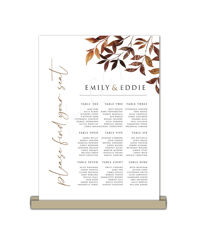Table plan, Welcome sign, autumn leaves
