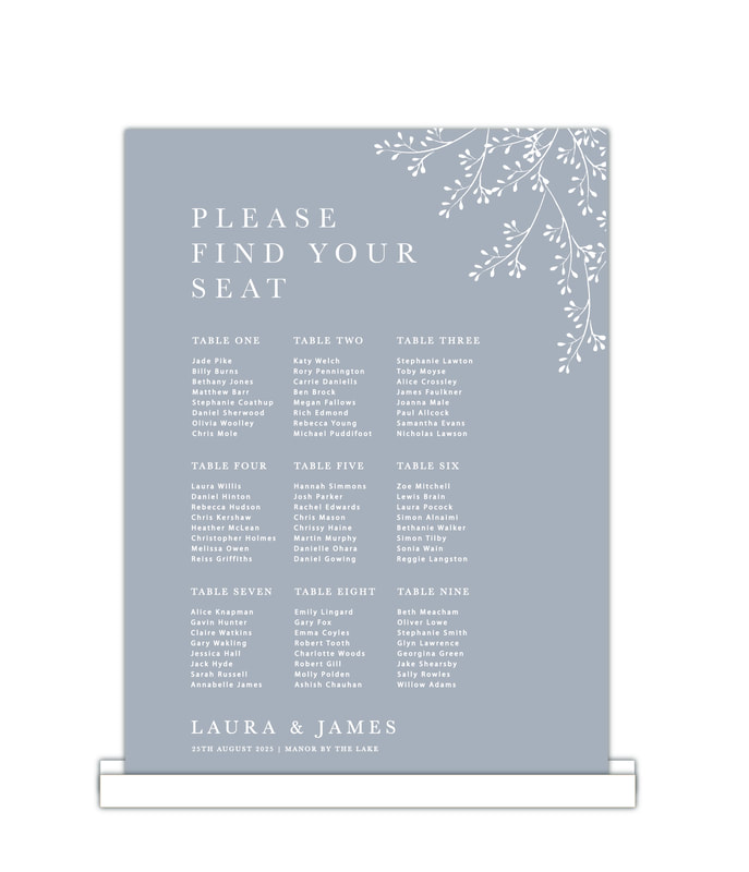 Blue seating plan, Table plan, place cards