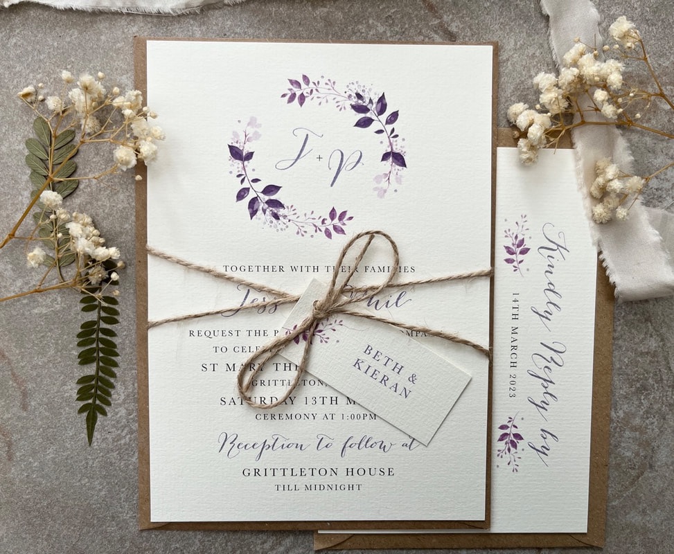 purple, wildflower, wedding invites, save the dates