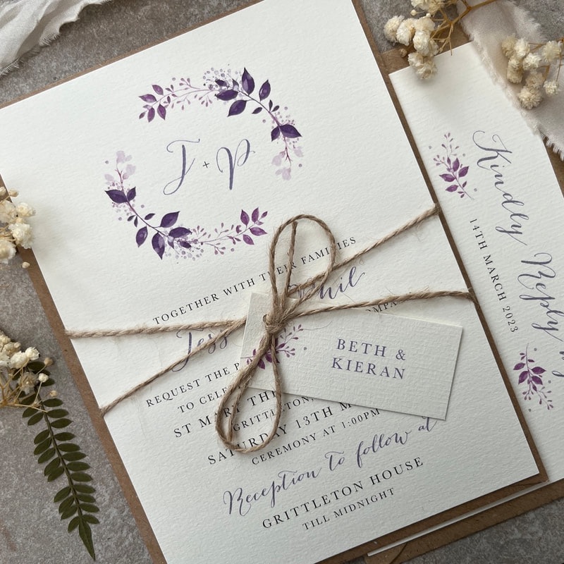 purple, wildflower, wedding invites, save the dates