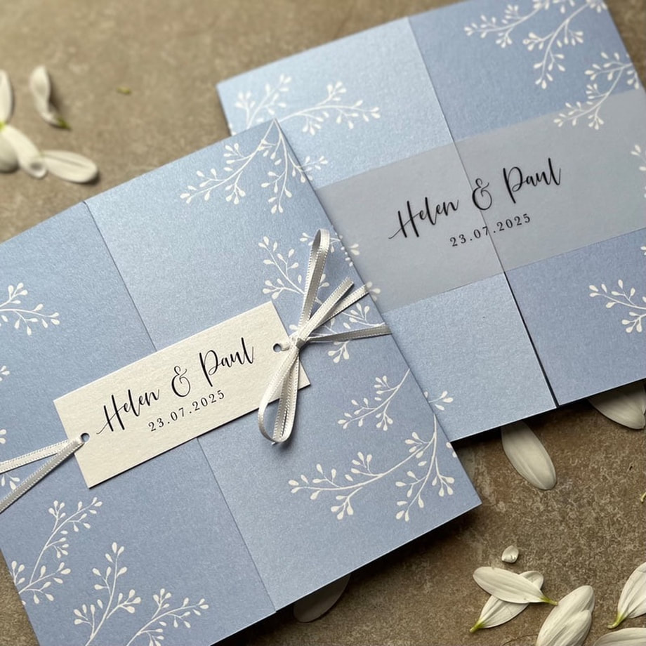 Blue, wedding invitations, leaves