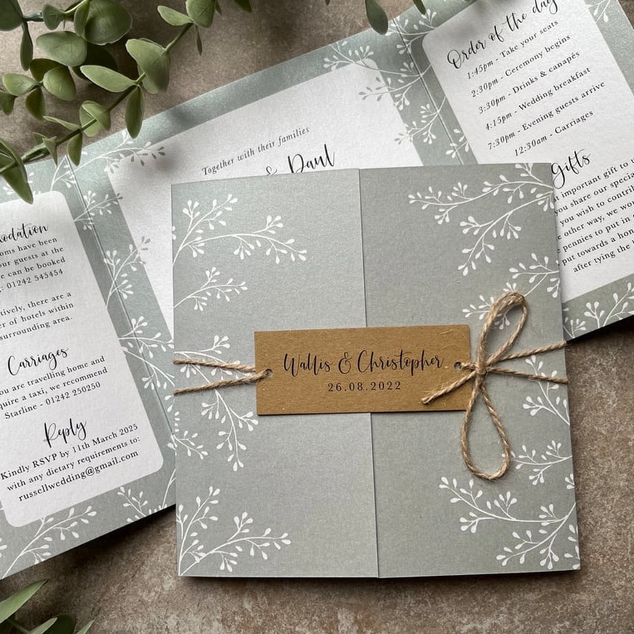 Sage green, wedding invitations, leaves