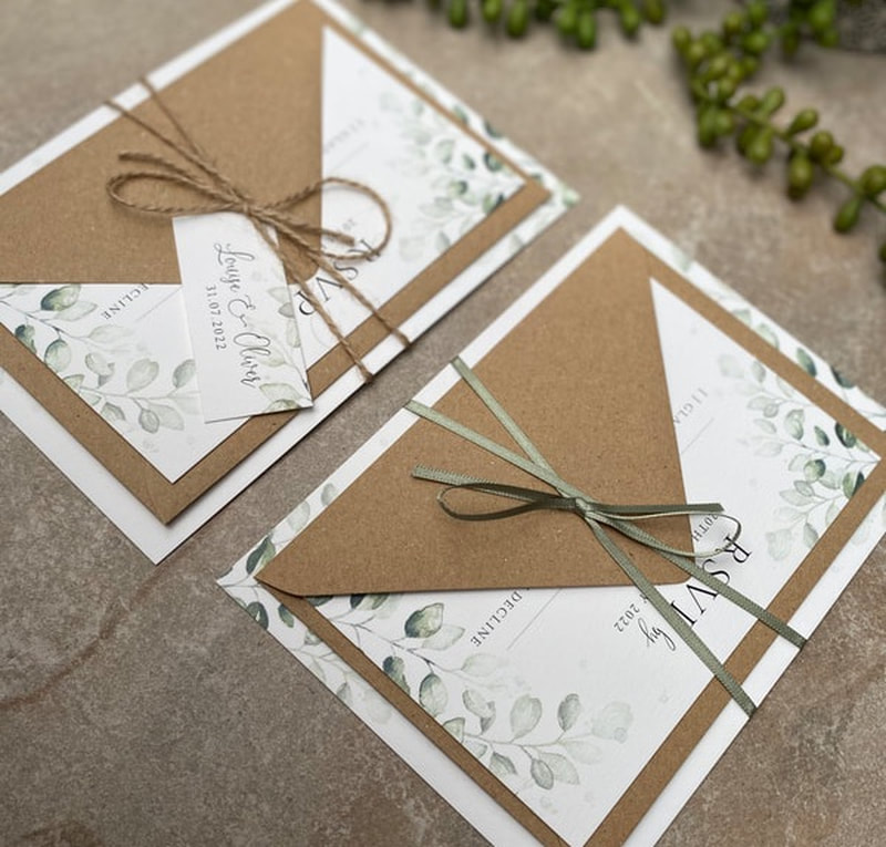 Sage green, wedding invitations, leaves