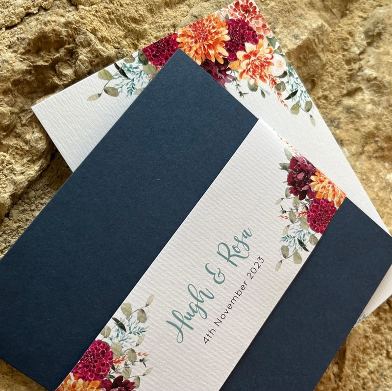 Burgundy,  orange floral wedding invites