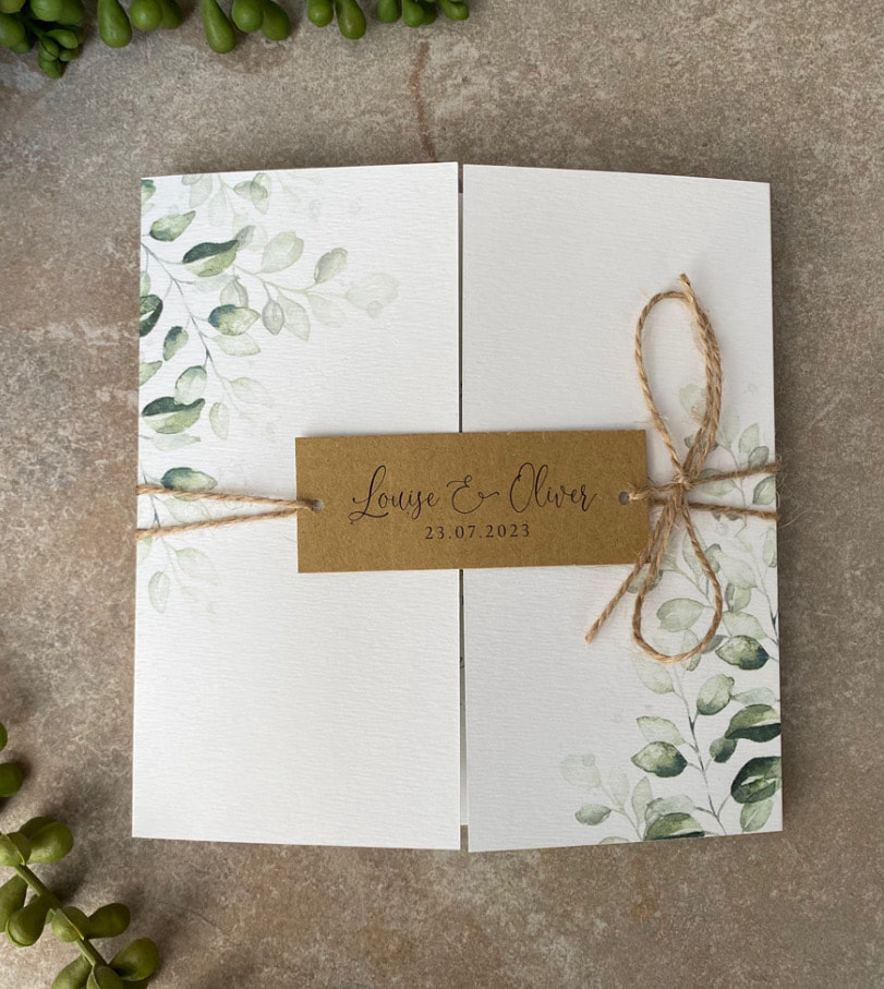 Sage green, wedding invitations, leaves