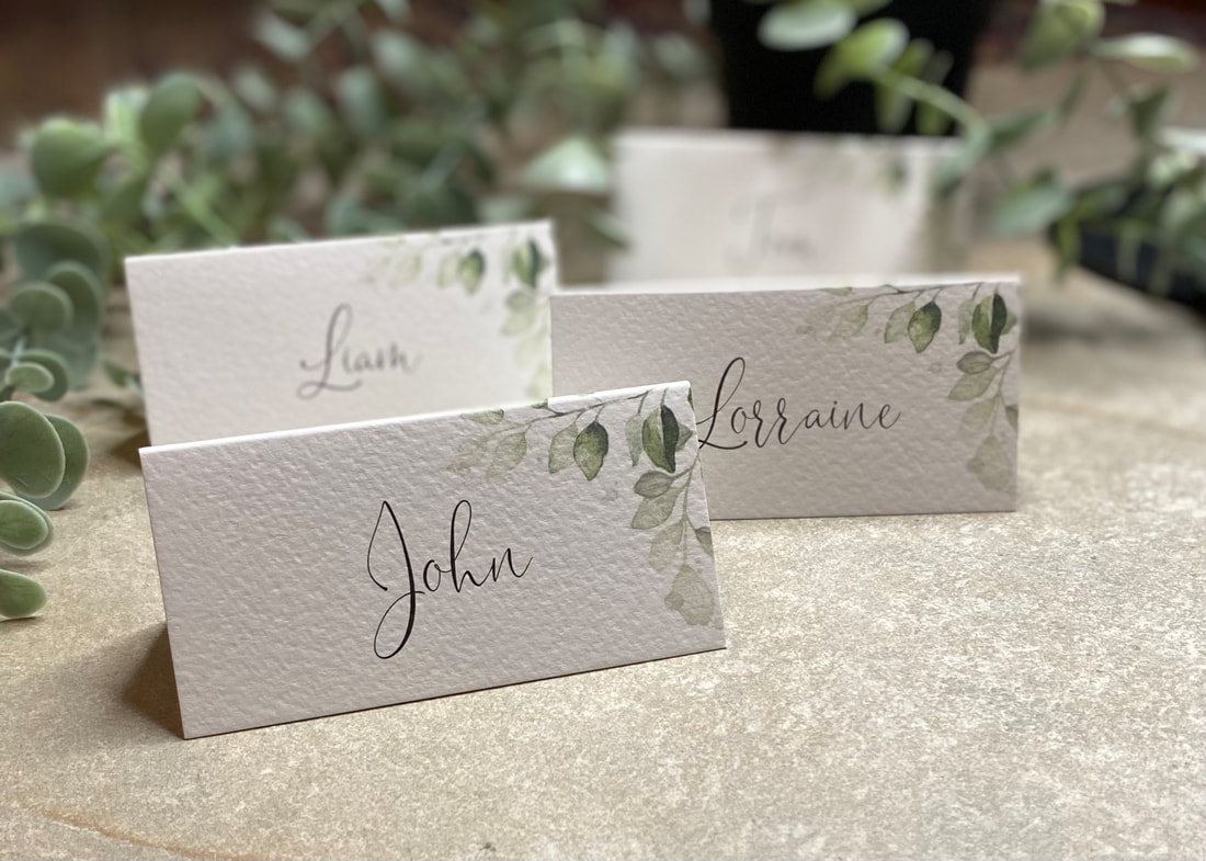 place cards, leaves