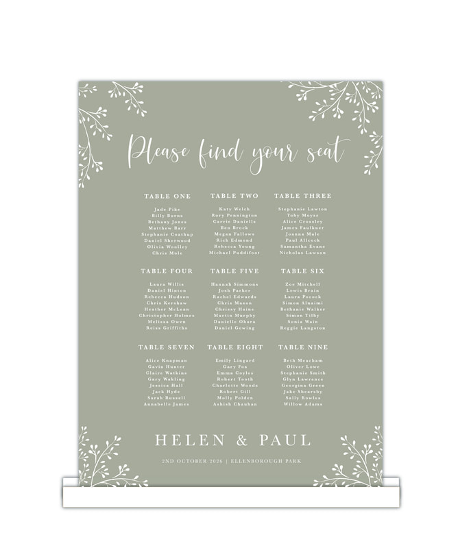 sage green, welcome sign, seating plan, Table plan, place cards
