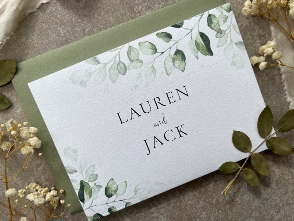 Greenery, sage green, leaves, wedding invitations