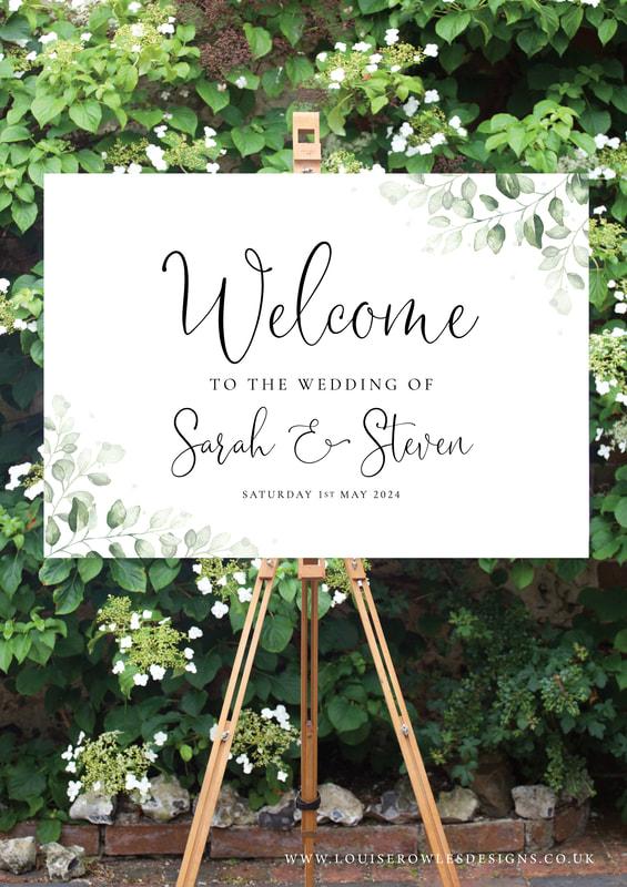 welcome sign, wedding, green leaves