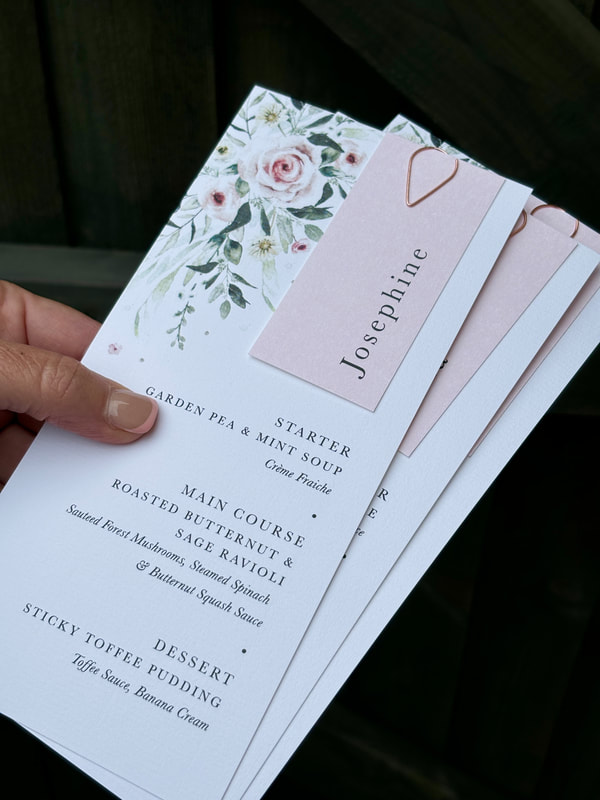 Blush pink wedding menu